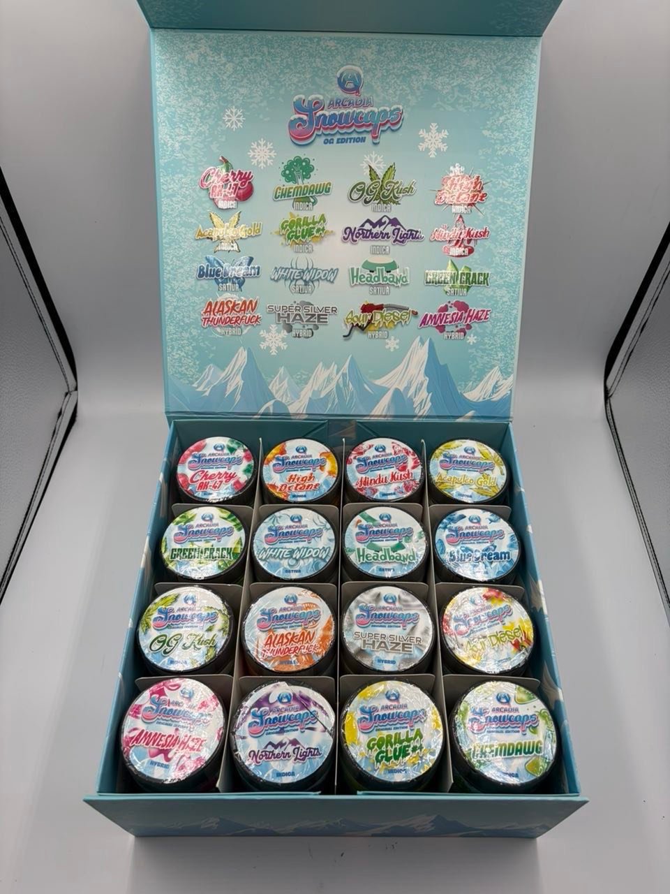 Arcadia Snowcaps Original Edition — Sixteen-Jar Assortment Open Arcadia Snowcaps Original Edition — sixteen-jar assortment open