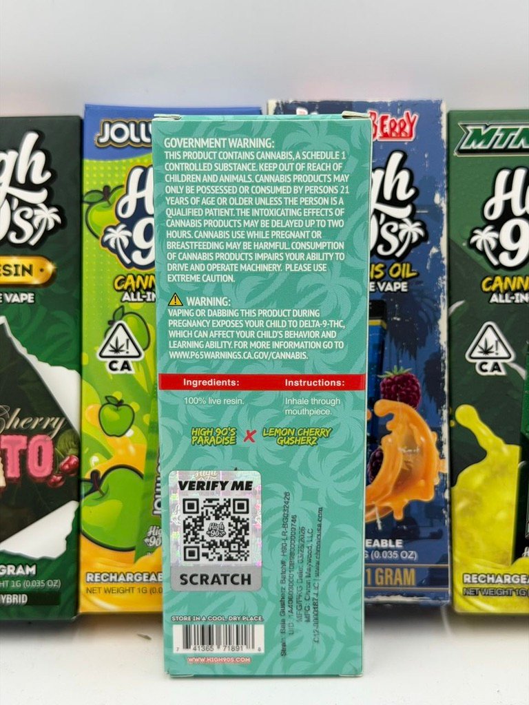 High 90s Baja Gusherz Live Resin 1G — Retail Box Back And Verification Panel High 90s Baja Gusherz Live Resin 1G — retail box back and verification panel