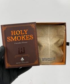 Open Holy Smokes Cannabis Flower presentation box with inner pouch