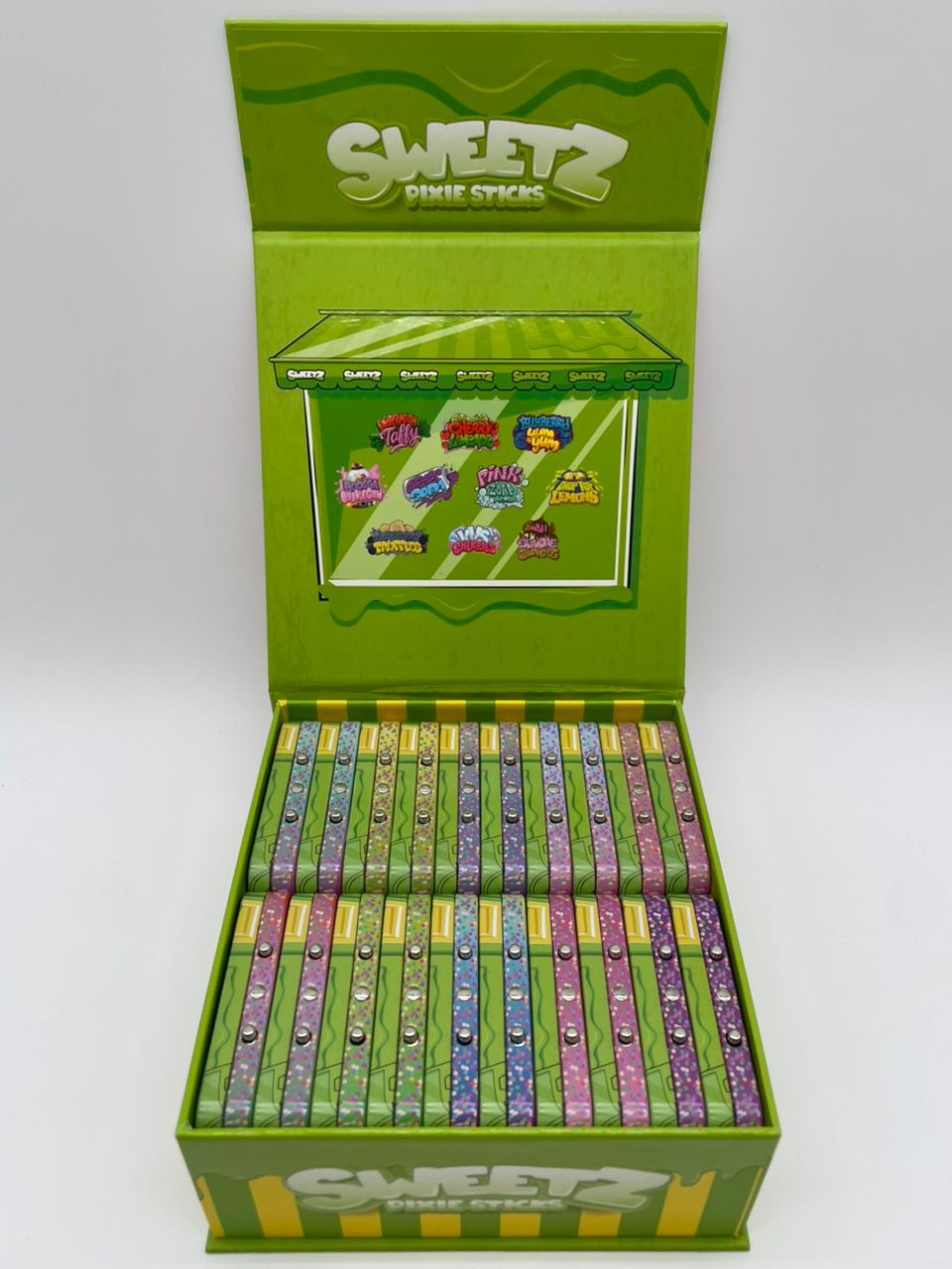 Sweetz Pixie Sticks Premium Mini Pre-Rolls — Ten-Flavor Master Display Open Sweetz Pixie Sticks Premium Mini Pre-Rolls — ten-flavor master display open