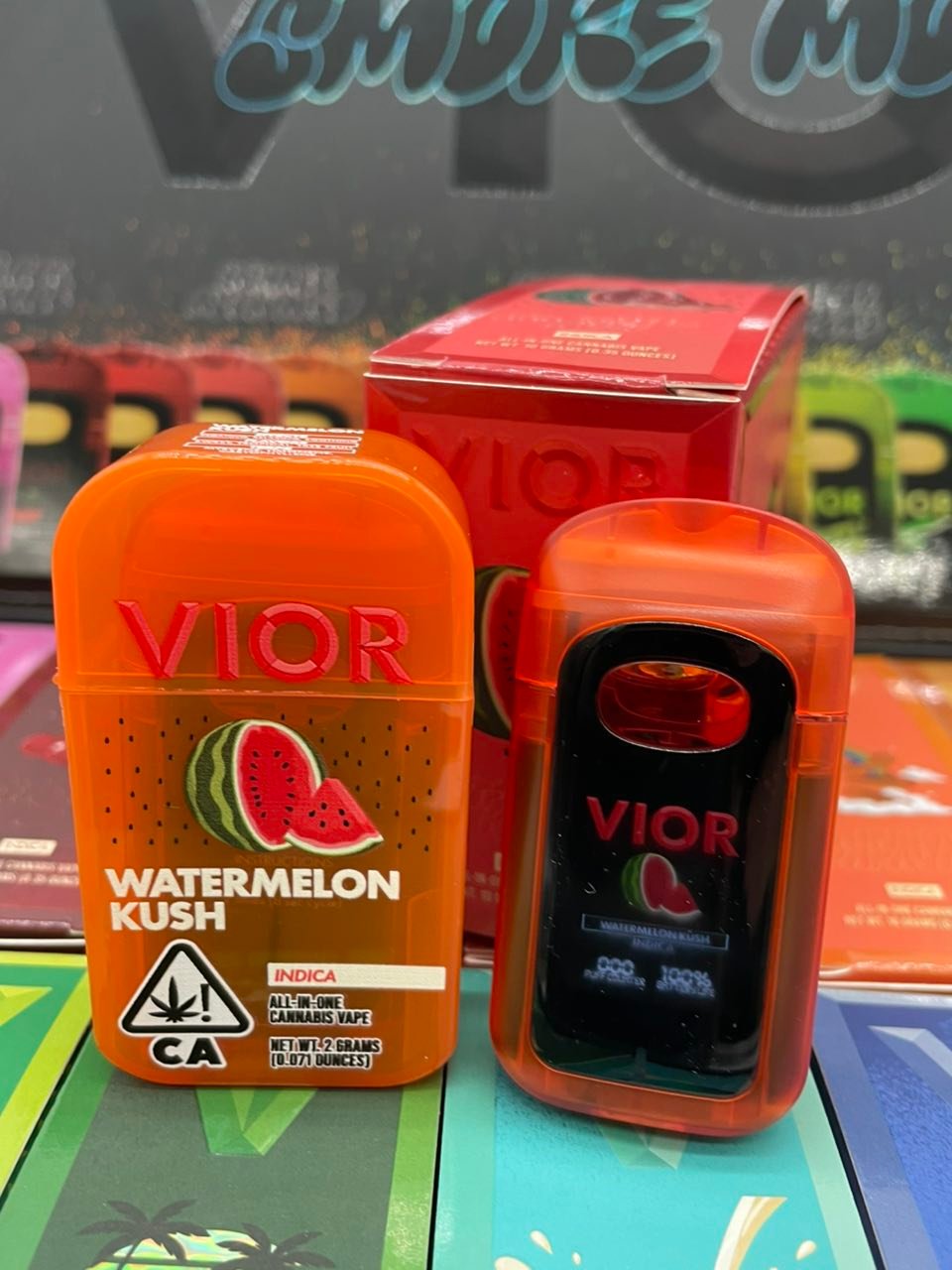 VIOR 2G Disposable Vape — Watermelon Kush Device And Packaging VIOR 2G Disposable Vape — Watermelon Kush device and packaging